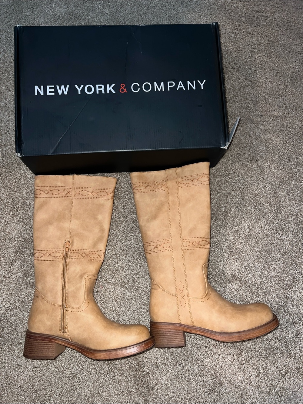 New York & Company Cady Tan Knee-High Riding Boots with Block Heel
